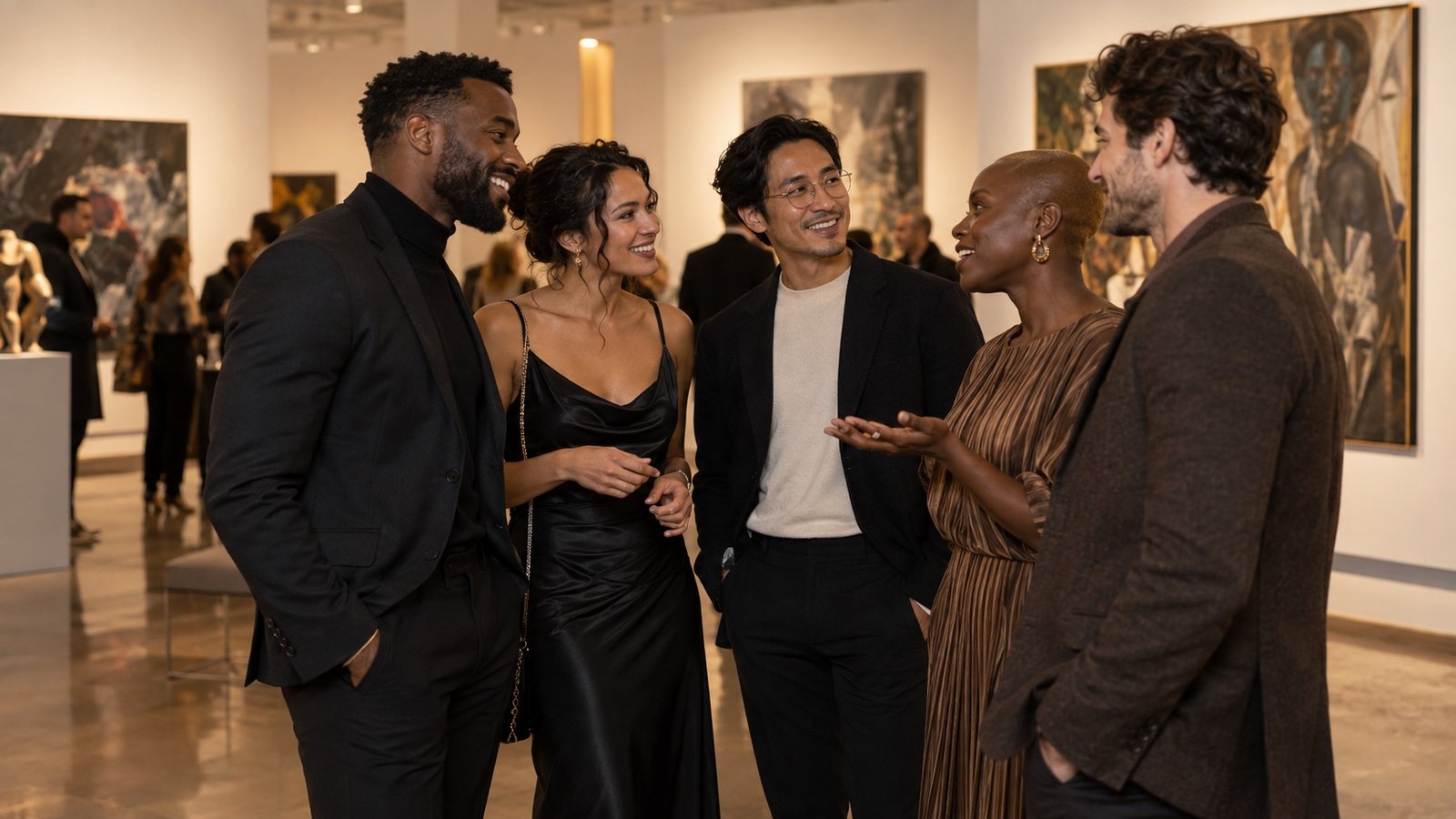 A diverse group of adults connecting at a welcoming cultural event