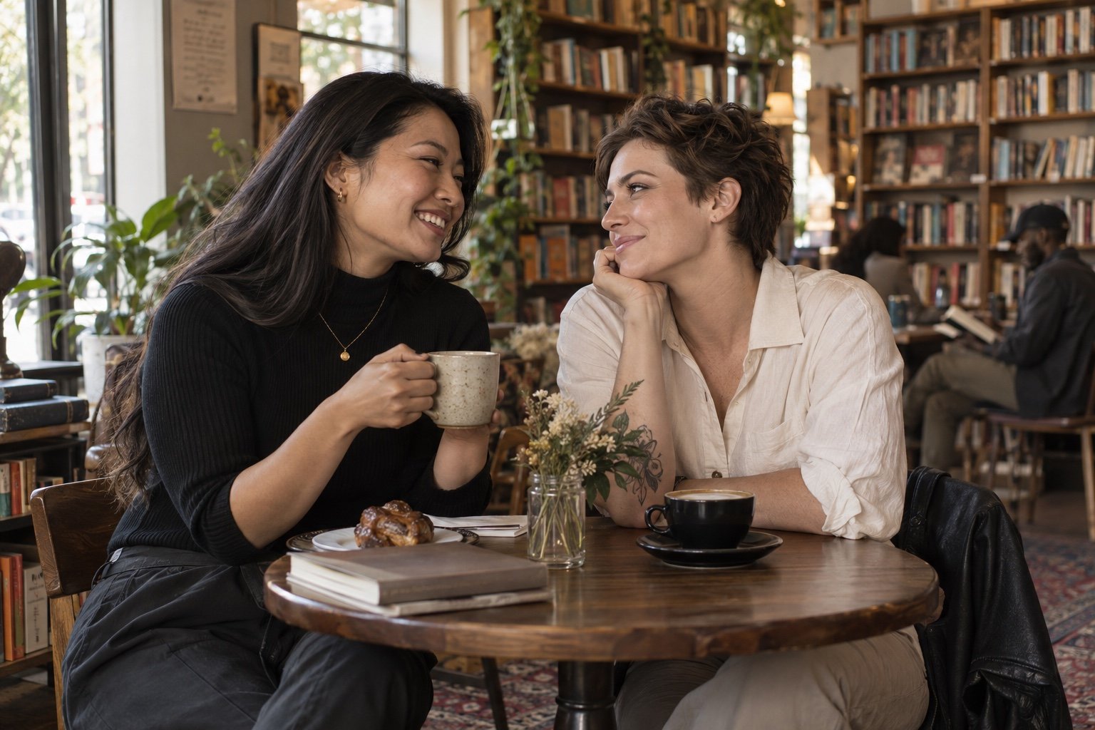 Two women sharing a warm conversation on a bookstore cafe date